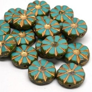 5 x 12mm TC Sunflowers in Green Turquoise Picasso/Gold
