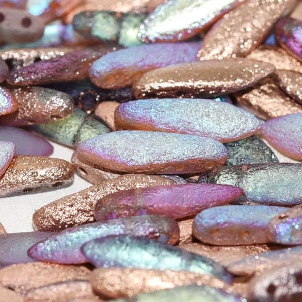 10 x two hole daggers in Etched Copper Rainbow (5x16mm)