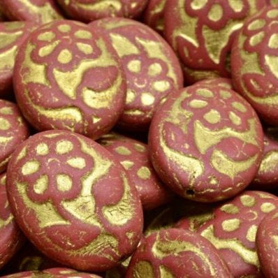 2 x ovals in Matt Opaque Red with Gold Flowers (21x16mm)
