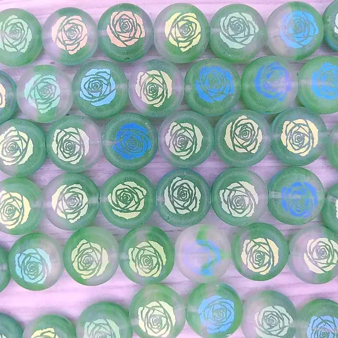 10 x 12mm discs in Matt Crystal/Green with laser etched Rose
