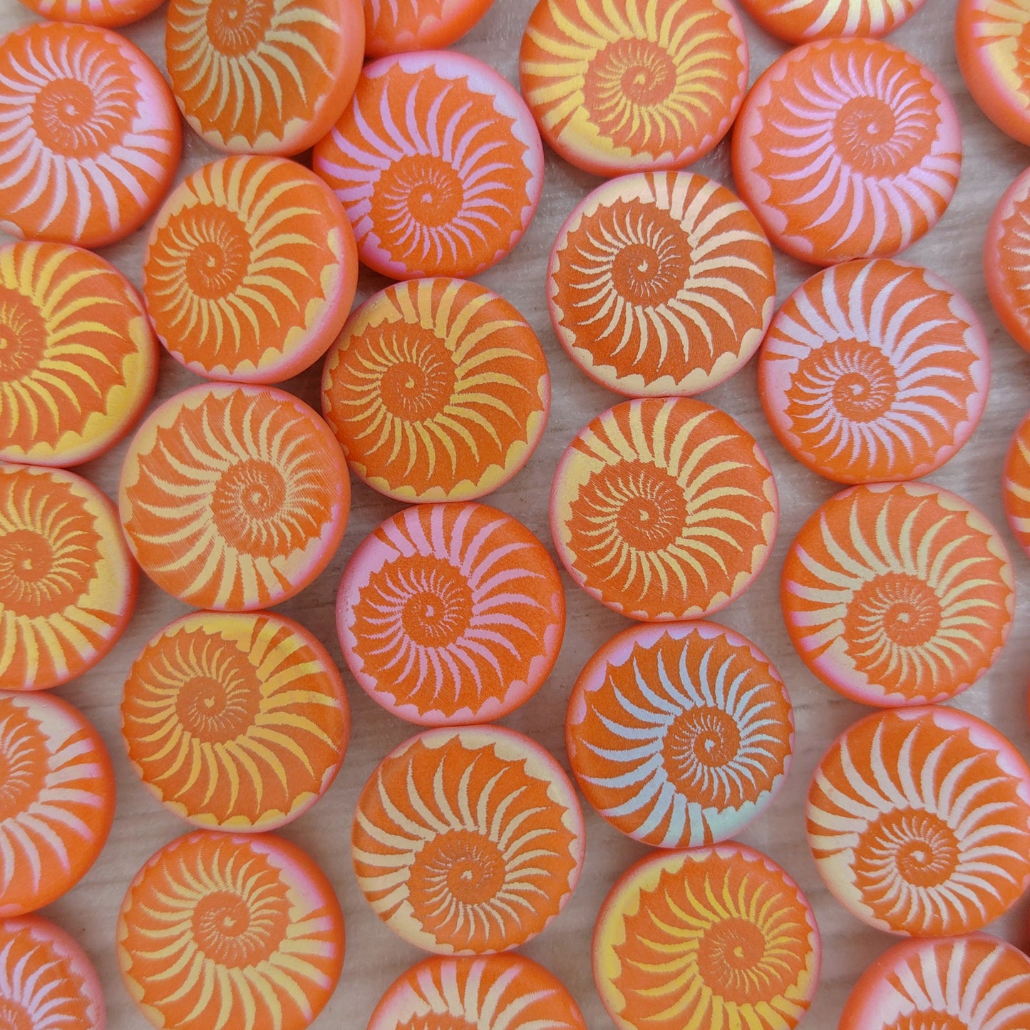 8 x 14mm disc beads in Matt Orange with laser etched Shell