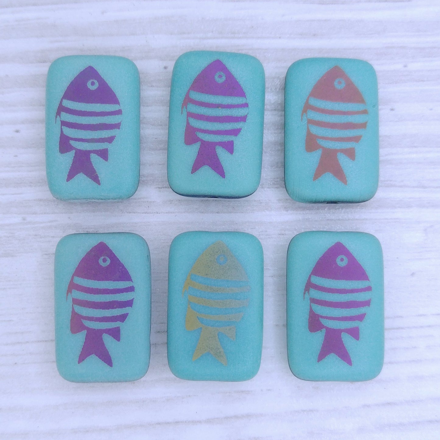 4 x rectangular beads in Matt Green Turquoise with Fish (18x12mm)