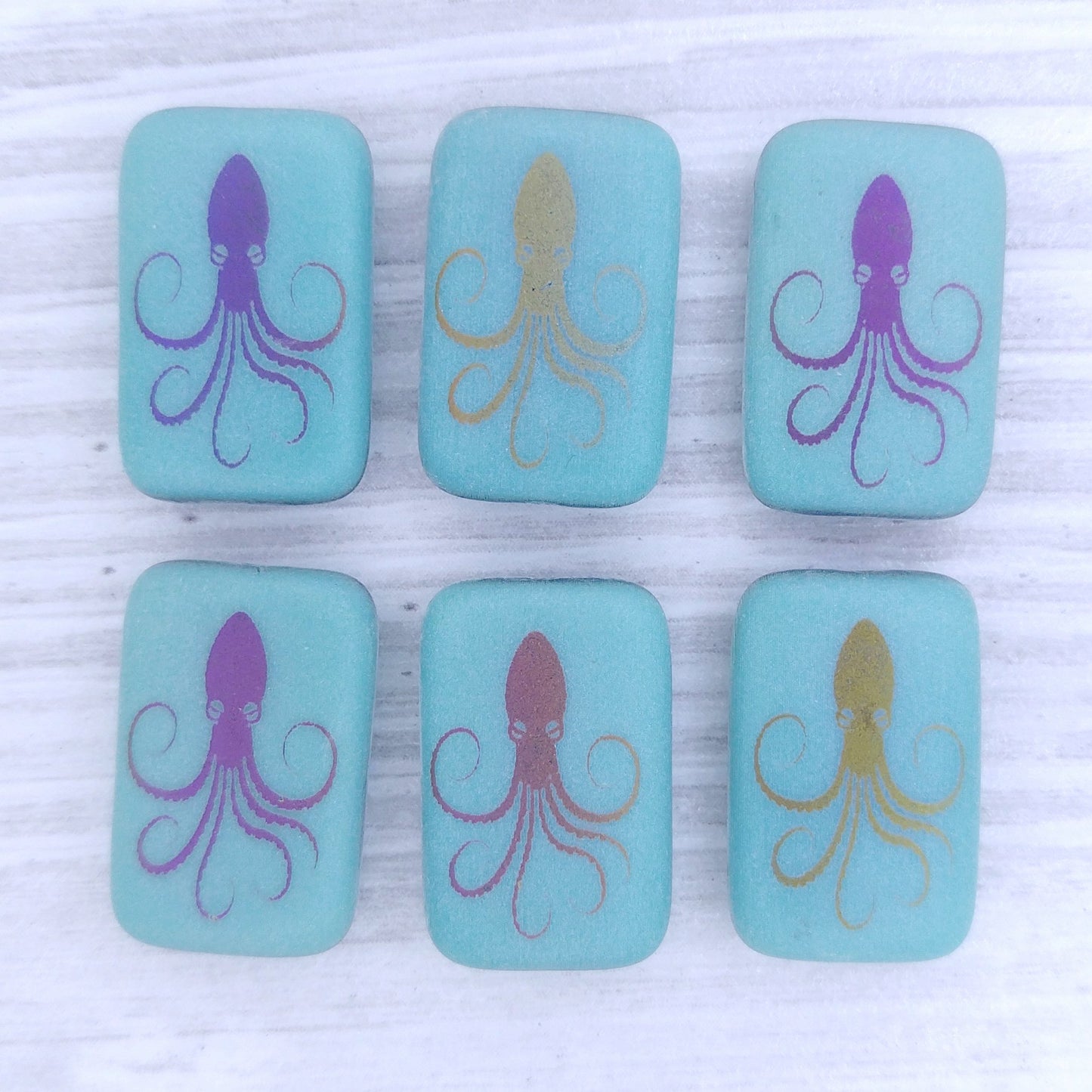 4 x rectangular beads in Matt Green Turquoise with laser etched Octopus (18x12mm)