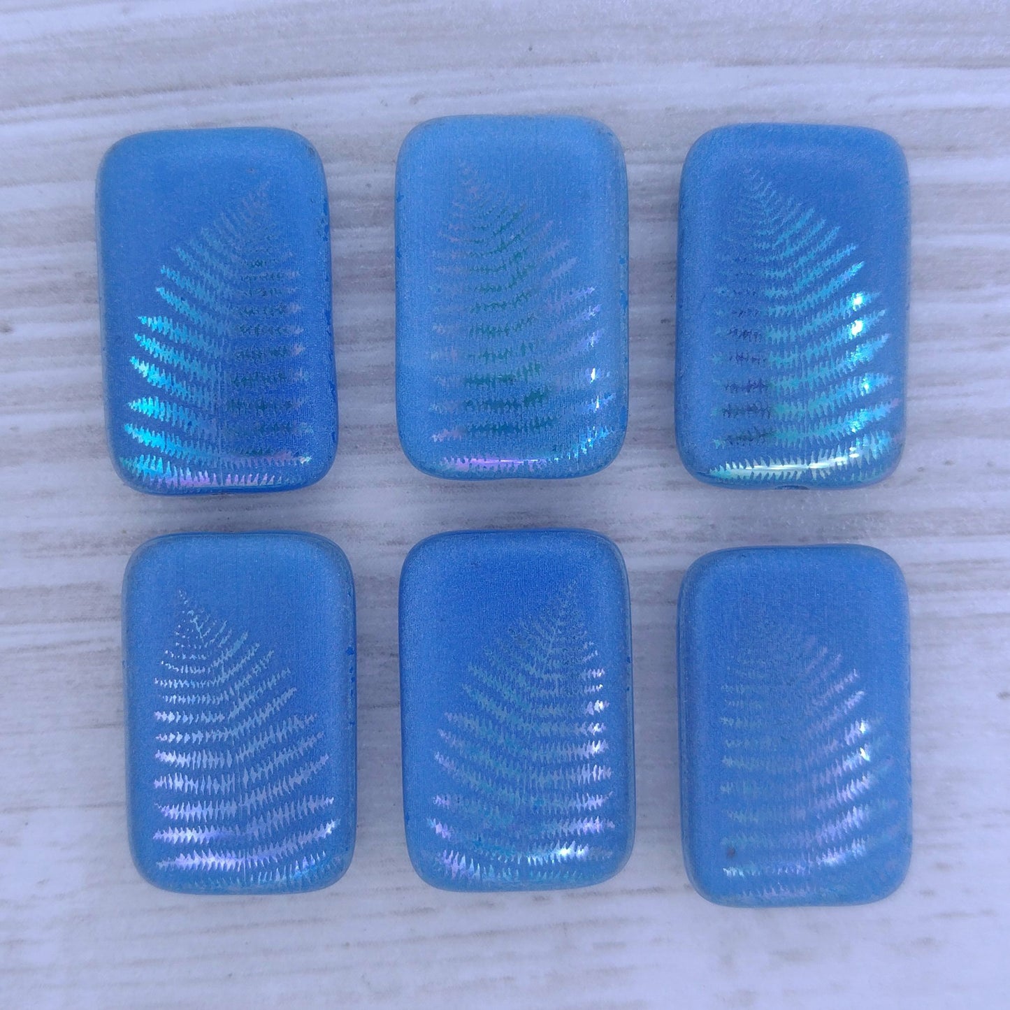 4 x Rectangular beads in Blue with Fern design (18x12mm)