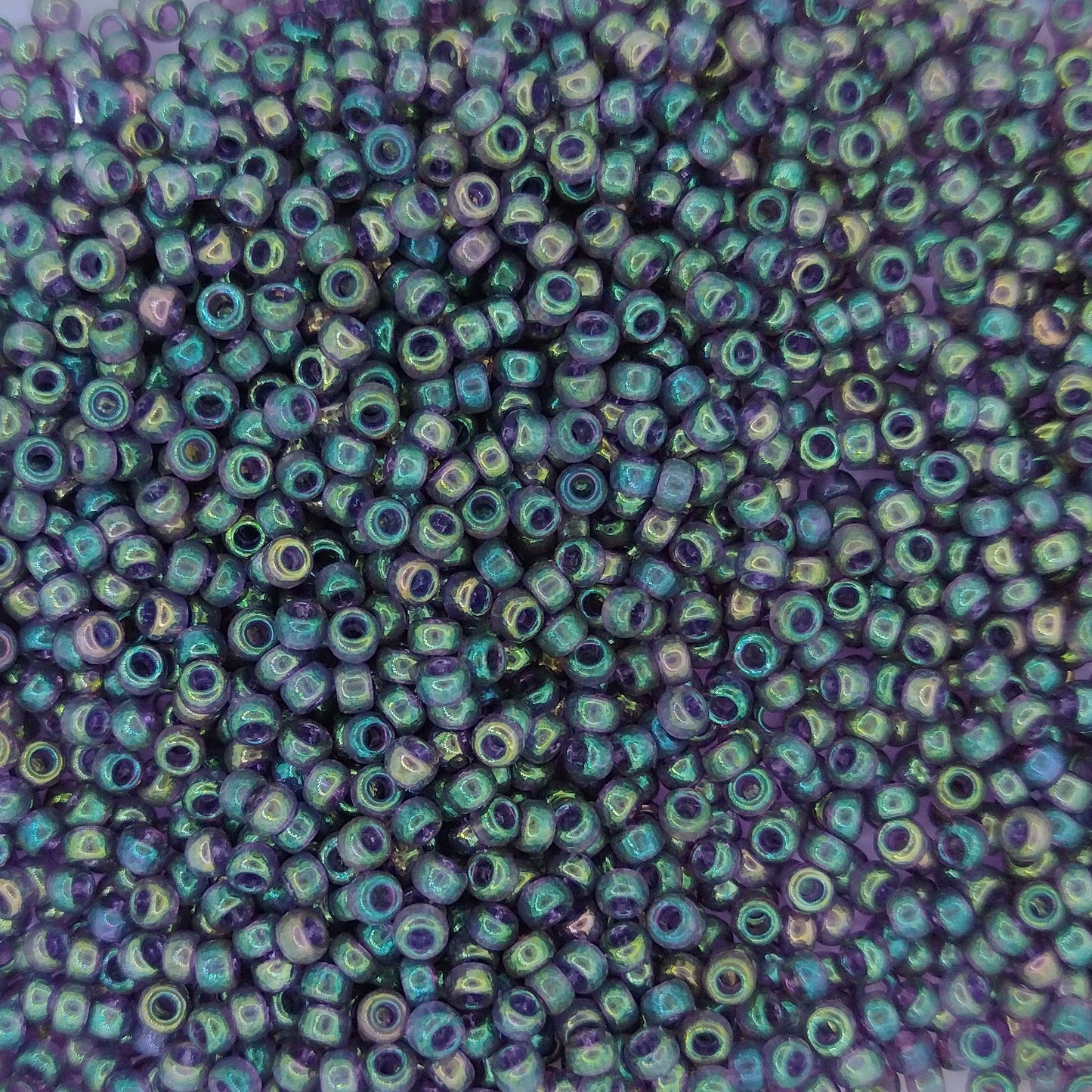 2446 - 10g Size 11/0 Miyuki seed beads in Transparent Dark Green Rainbow Lustre