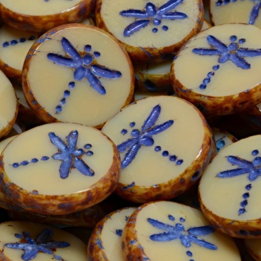 Pair of 17mm TC dragonfly beads in Beige, Milky Sapphire and Picasso