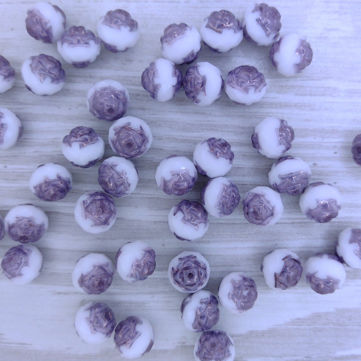10 x 8mm fire polished roses in Chalk White and Bronze