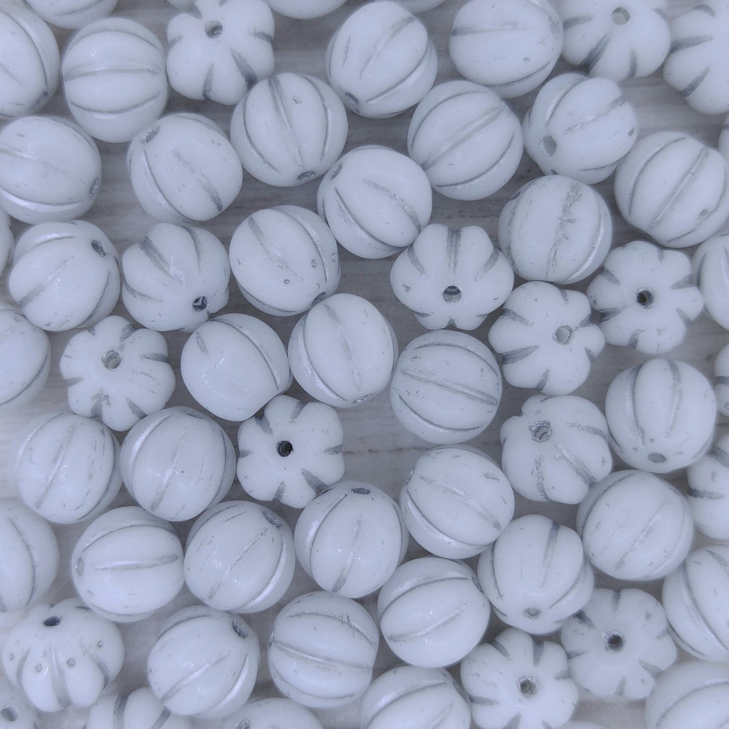 10 x 8mm melon beads in Alabaster with Silver