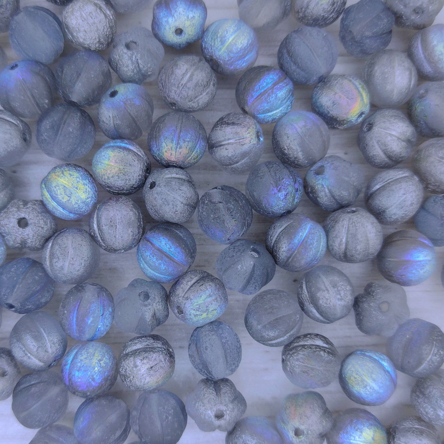 10 x 8mm melon beads in Etched Graphite Rainbow