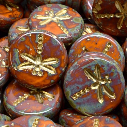 Pair of 17mm dragonfly beads in Orange Picasso with Gold