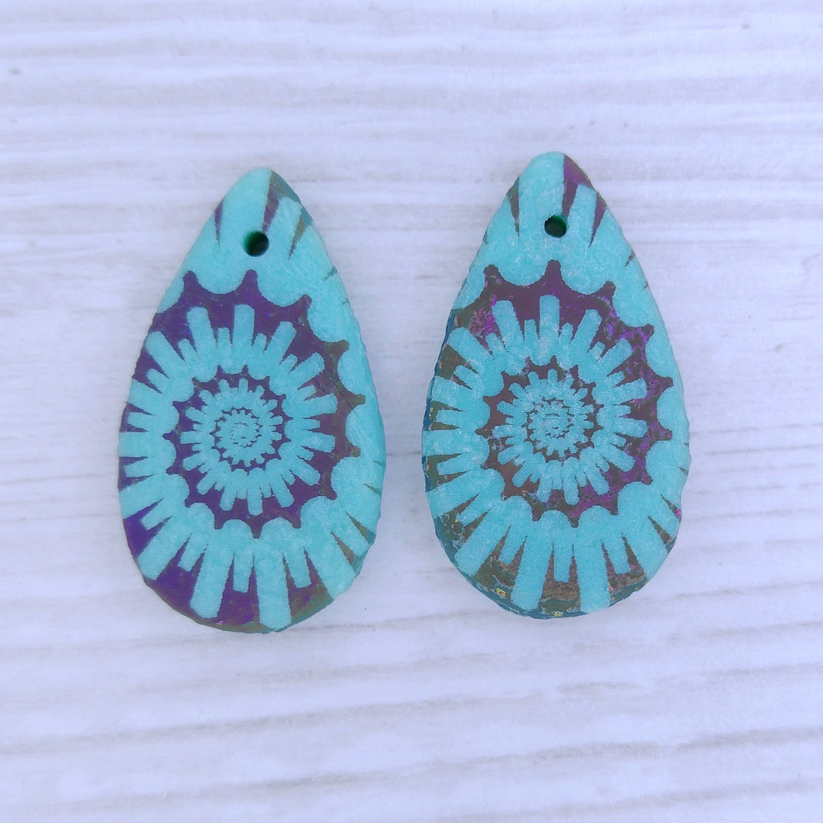 etched Green Turquoise drop or pendant with laser etched shell (30x17mm)
