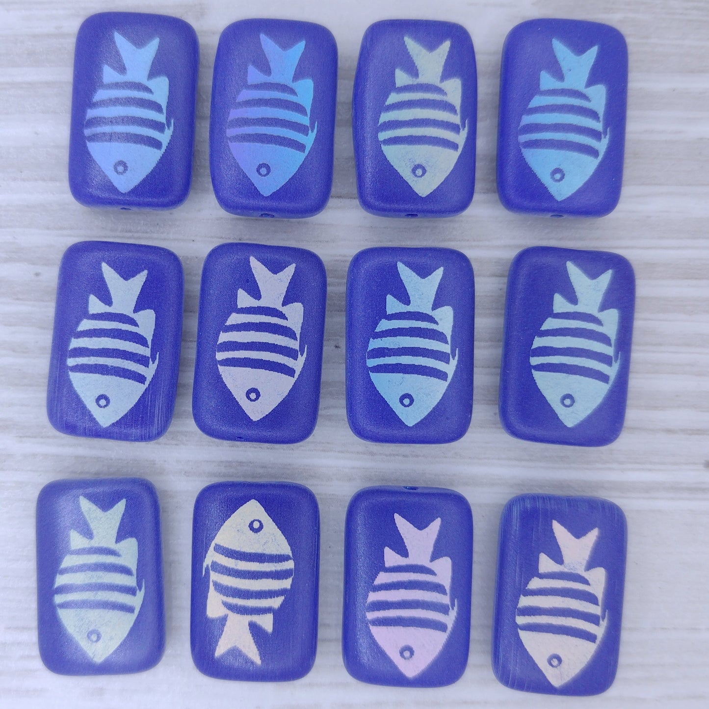 4 x Rectangular beads in Blue with fish design (18x12mm)