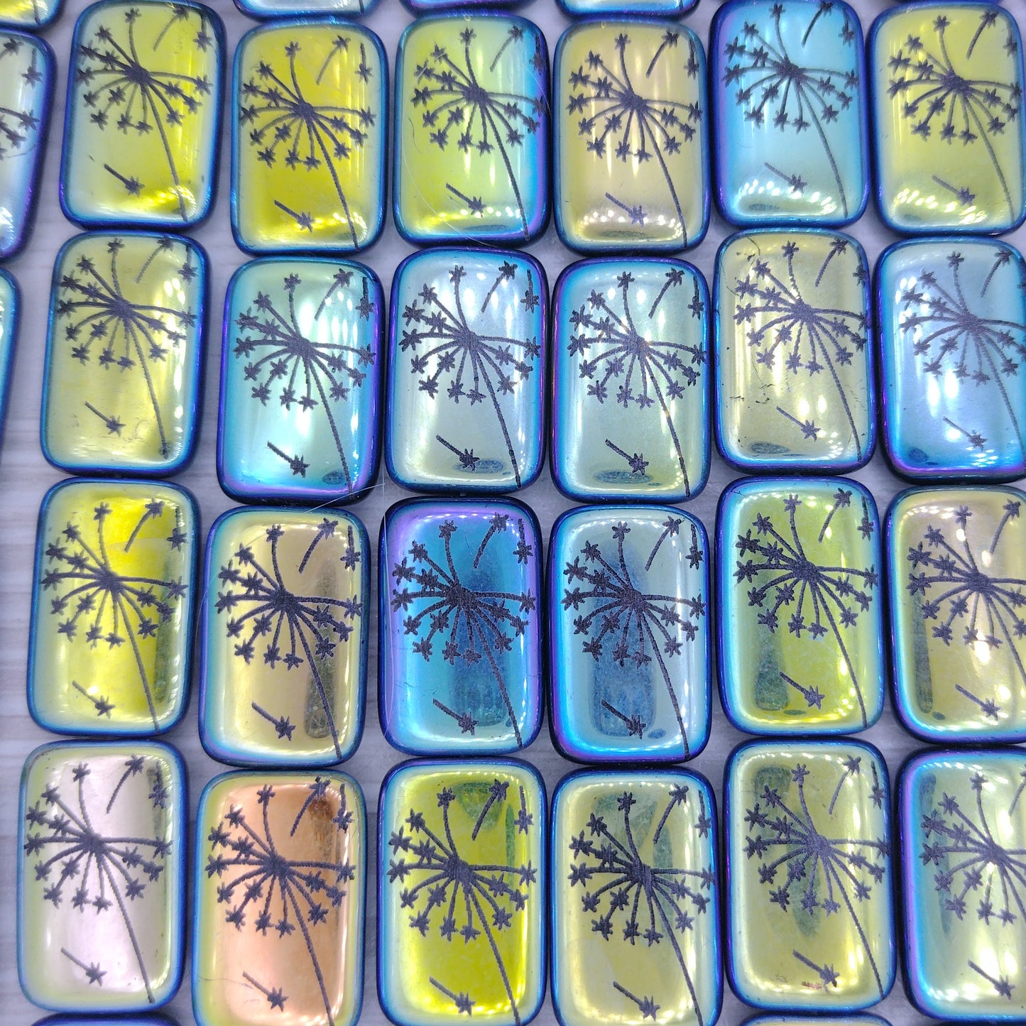 6 x Rectangular beads in Black with dandelion design (18x12mm)