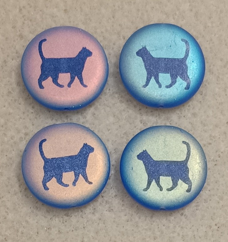 4 x 17mm disc beads in Matt Blue with walking cat