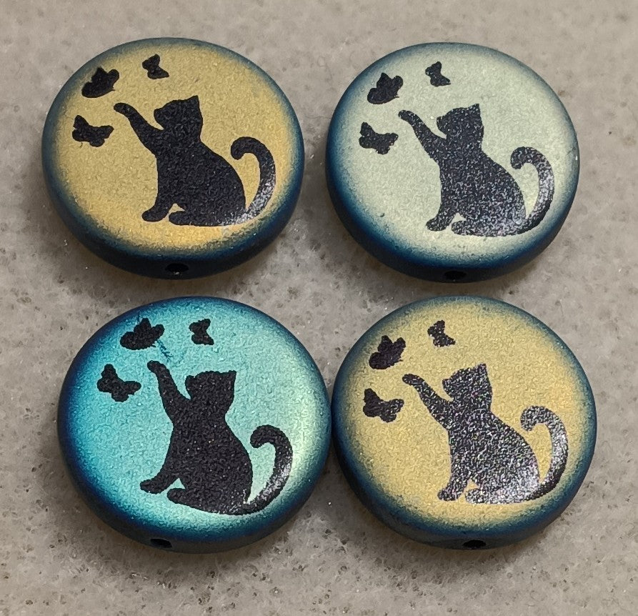 4 x 16mm disc beads in Matt Black with laser etched Cat and Butterflies