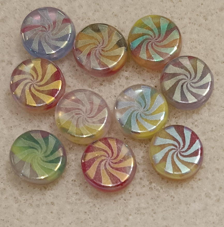 10 x 9mm disc beads in Yellow and Red Marble with laser etched Swirl