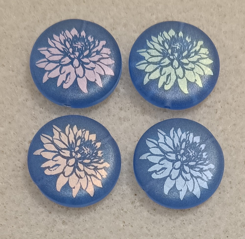4 x 17mm disc beads in Matt Blue with Dahlia