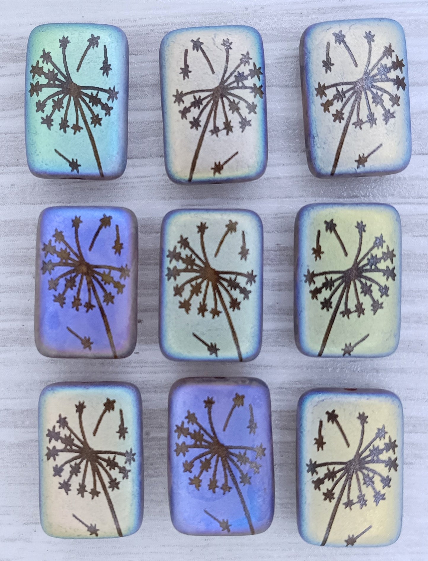 4 x Rectangular beads in Brown with Dandelion (15x10mm)