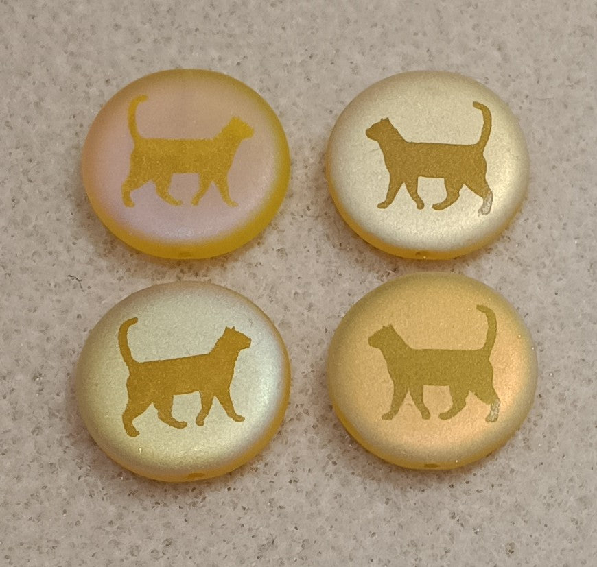 4 x 17mm disc beads in Matt Yellow with walking cat