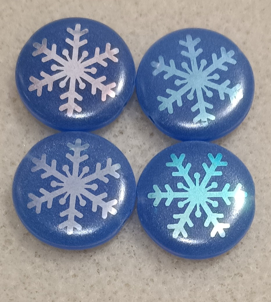 4 x 17mm disc beads in Dark Blue Opal with Snowflake design