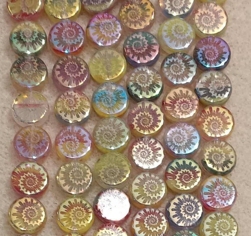 12 x 9mm disc beads in Yellow, Red and Blue Marble with laser etched Shell 2