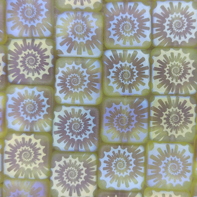 6 x 25mm Matt Light Green Marble square beads with laser etched shell