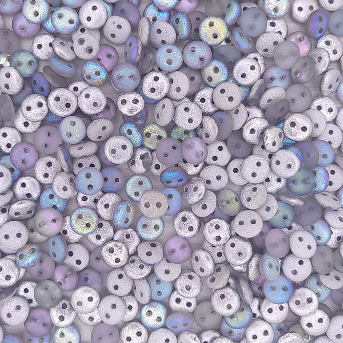 50 x two hole lentils in etched Silver Rainbow