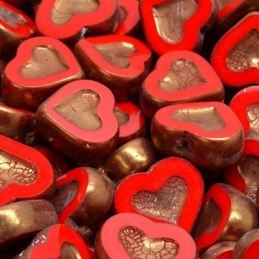Pair of 14x12mm TC Heart in Heart beads in Red with Bronze