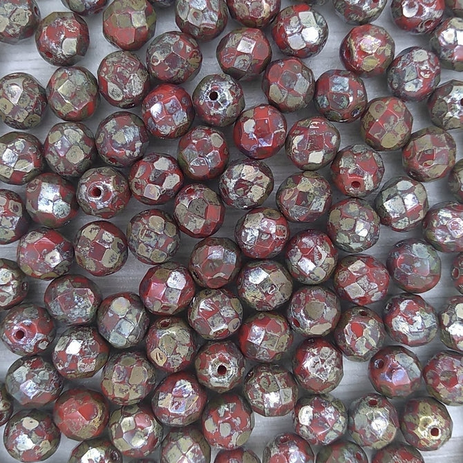 25 x 8mm faceted beads in Coral Red Picasso