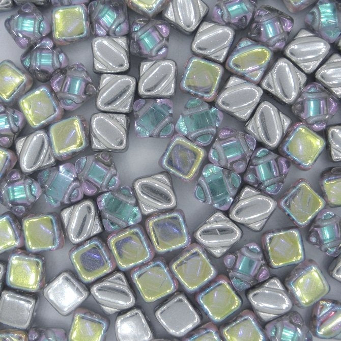 25 x 6mm Silky beads in Silver Rainbow