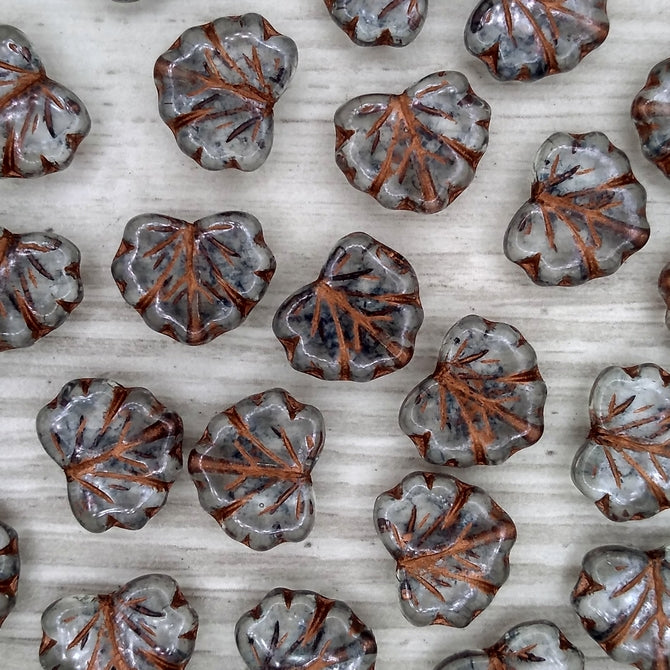 10 x Maple leaves in Transparent Teracotta Blue with Copper veins (13x11mm)