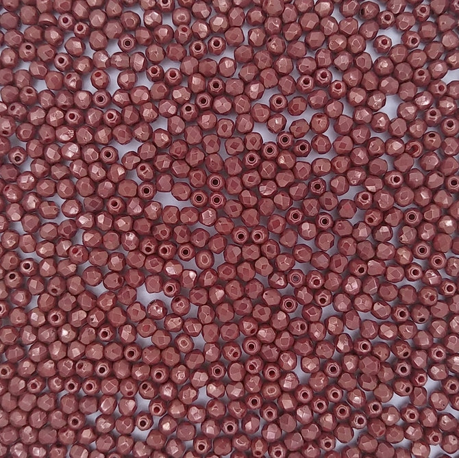 50 x 3mm faceted beads in Coral Red/Amethyst Lustre