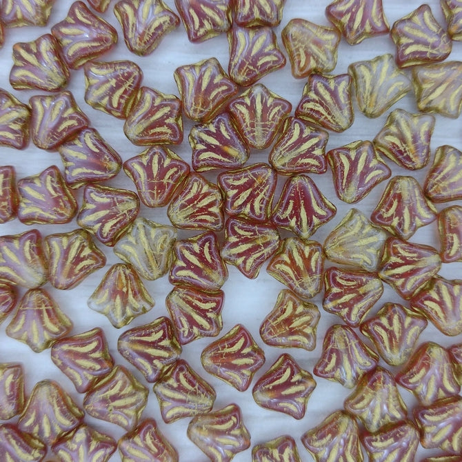 10 x 9mm Lily flowers in Cranberry and Crystal with Gold