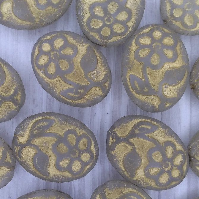 2 x ovals in Matt Crystal with Gold Flowers (21x16mm)