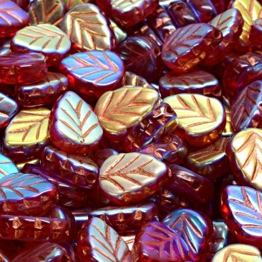 15 x Mint leaves in Siam Ruby Full AB with Copper (10x8mm)