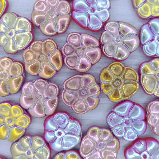 4 x 15mm Primrose flower beads In Coral Red with Full AB