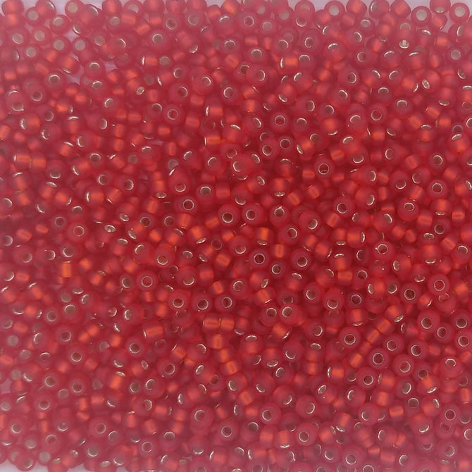 0010F - 10g Size 11/0 Miyuki seed beads in Matt Silver lined Flame Red