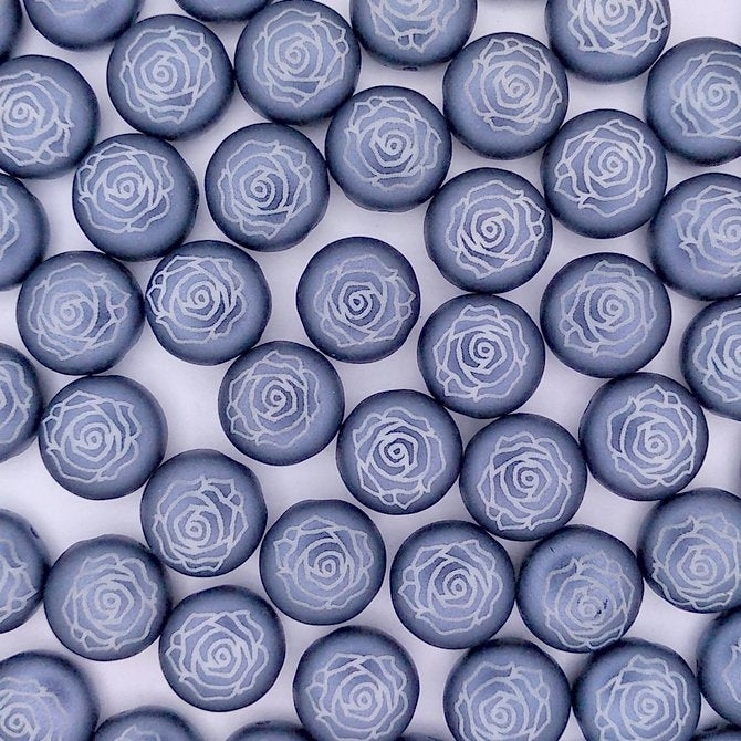 6 x 12mm candy beads in Pastel Montana Blue with Laser etched Rose