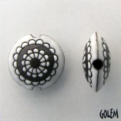 CLB-066-A-M lentil bead in White on Dark Clay Paisley Flower from Golem Studio