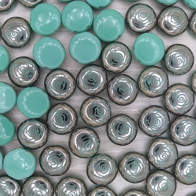 6 x 12mm candy beads in Turquoise with laser etched Chrome rose