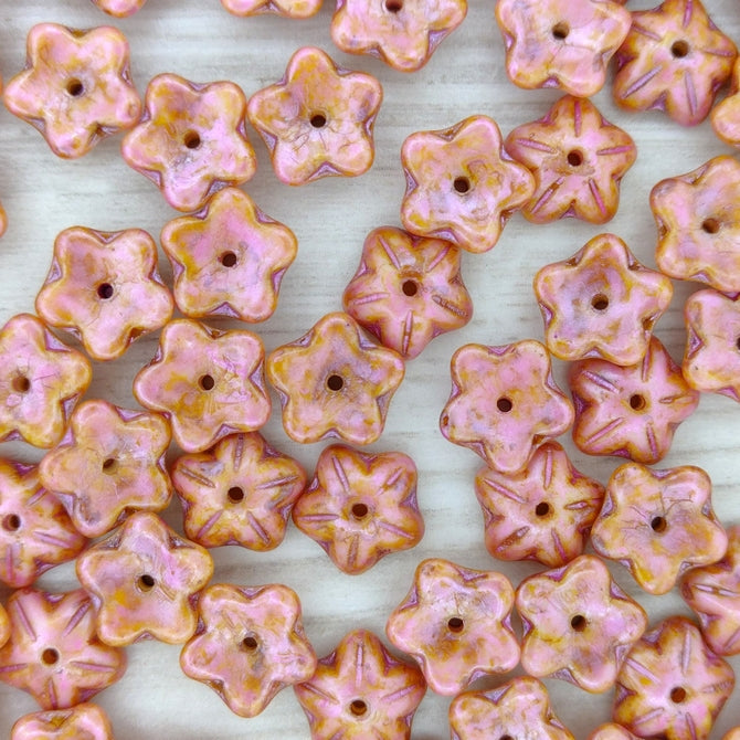 15 x 10mm flower cups in Opaque Pink Picasso