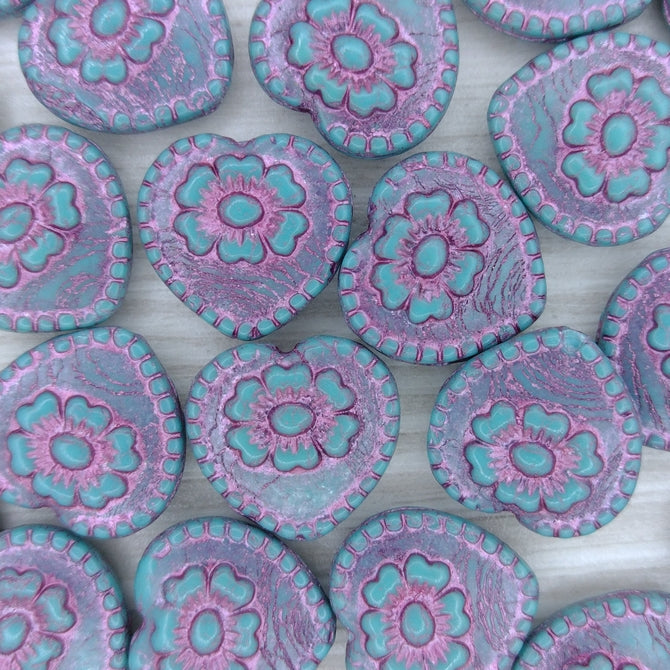 17mm Heart with Rose in Green Turquoise with Pink Lustre