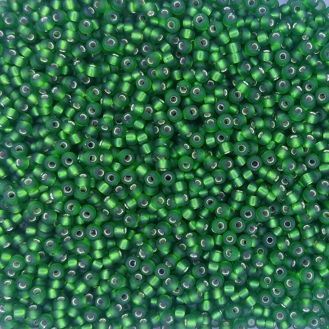 0016F - 10g Size 11/0 Miyuki seed beads in Matt Silver lined Green