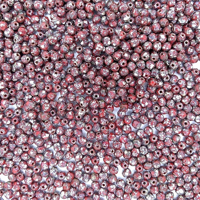 50 x 3mm faceted beads in Coral Red Picasso