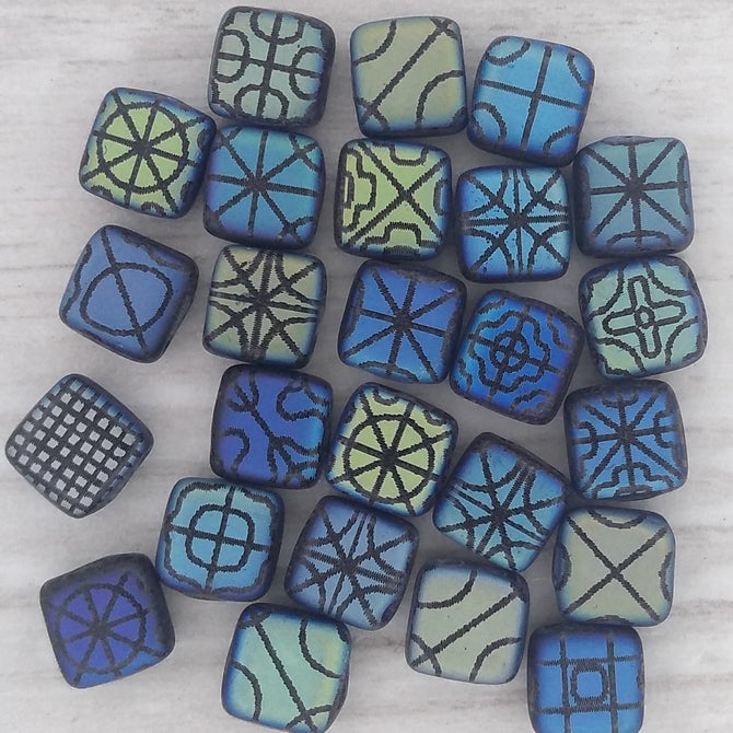 25 x 6mm Czech tiles in Matt Black with laser etched Patterns