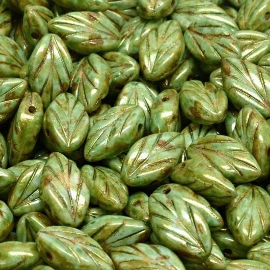 15 x Beech leaves in Opaque Green Picasso (11x7mm)