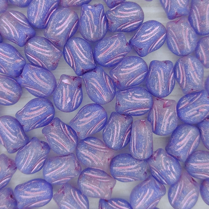 10 x Tulip flowers in Matt Dark Blue with Pink Lustre (9x7mm)