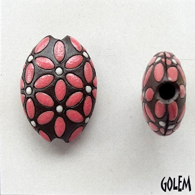 ABC-013-C-M almond bead in Pink Leaves and White Dots from Golem Studio