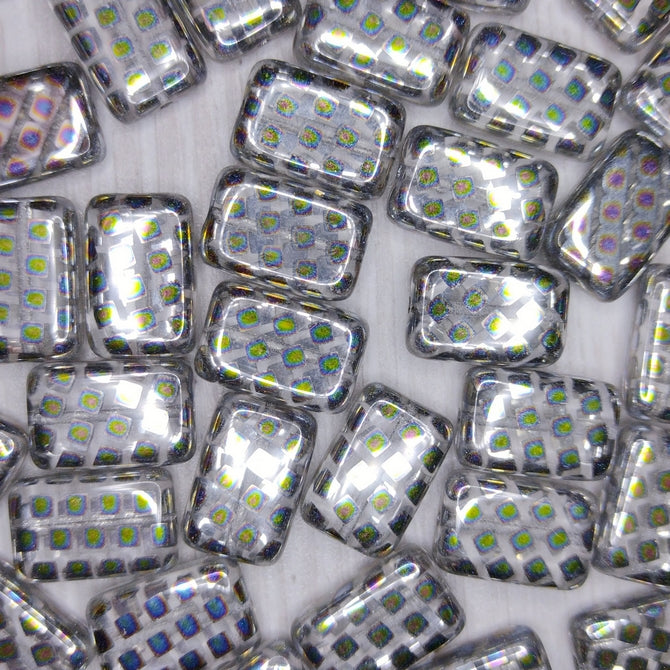 6 x rectangular beads in Crystal with Peacock design (15x10mm)