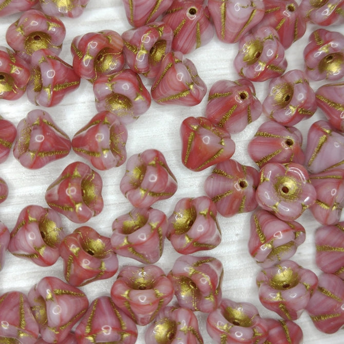 8 x Bell Flowers in Pink Opal with Gold (8x10mm)